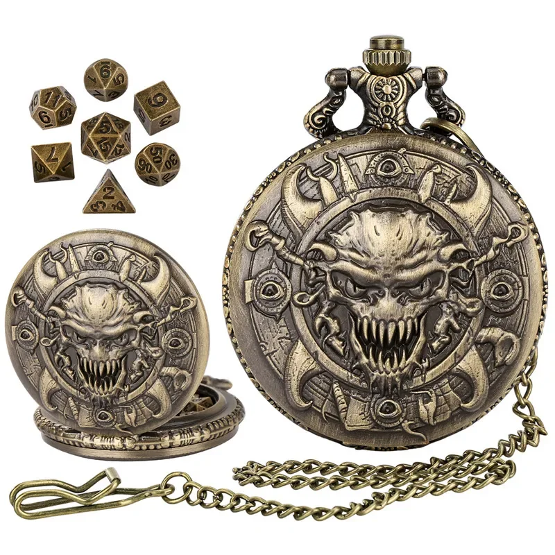 Bronze Skull Head Pocket Watch Case FOB Chain 7pcs Metal Polyhedral Dice Set Entertainment Accessory for Role Play Gaming