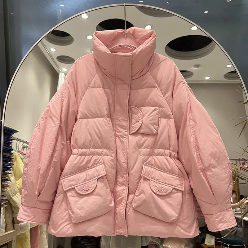 

Korean Short Women Coat Winter Parka 2022 Stand Collar Loose Thick White Duck Down Coat Warm Puffer Jacket Student Bread Clothes