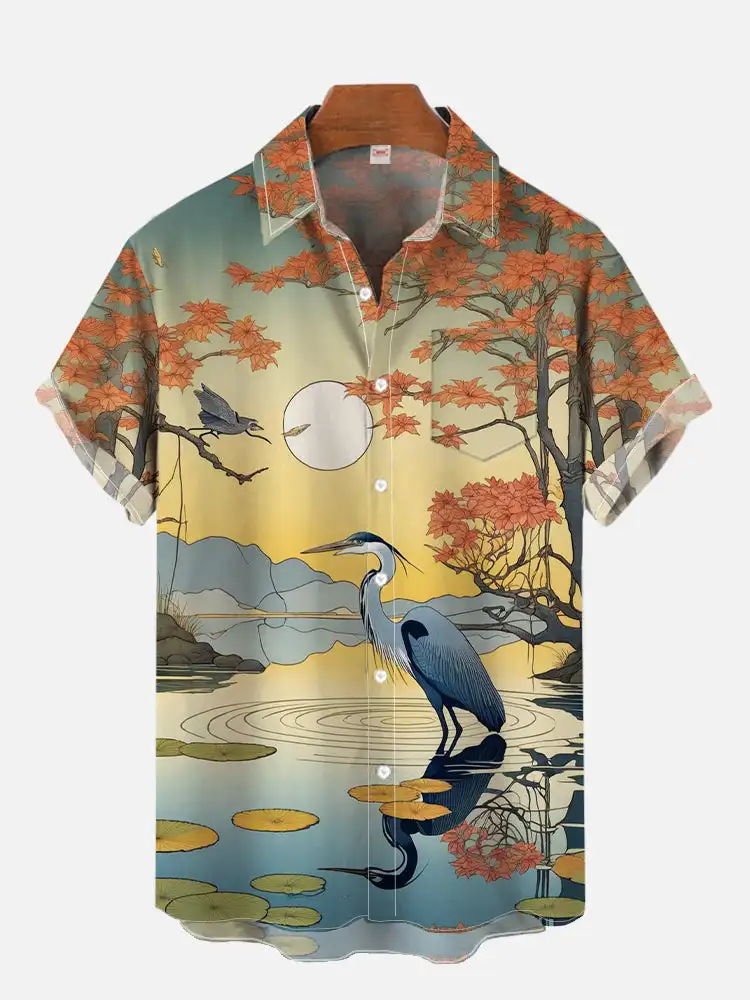 thumbnail image 1 of Camisa hawaiana de manga corta con cuello vuelto, estampado floral tropical Ukiyo-E y samurái japonés, moda 2024, 1 of 5