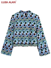 

Women Geometric Printing Stand Collar Short Blouse Summer Female Nine Quarter Sleeve Shirt Loose Tops Blusas LUJIA ALAN S9976