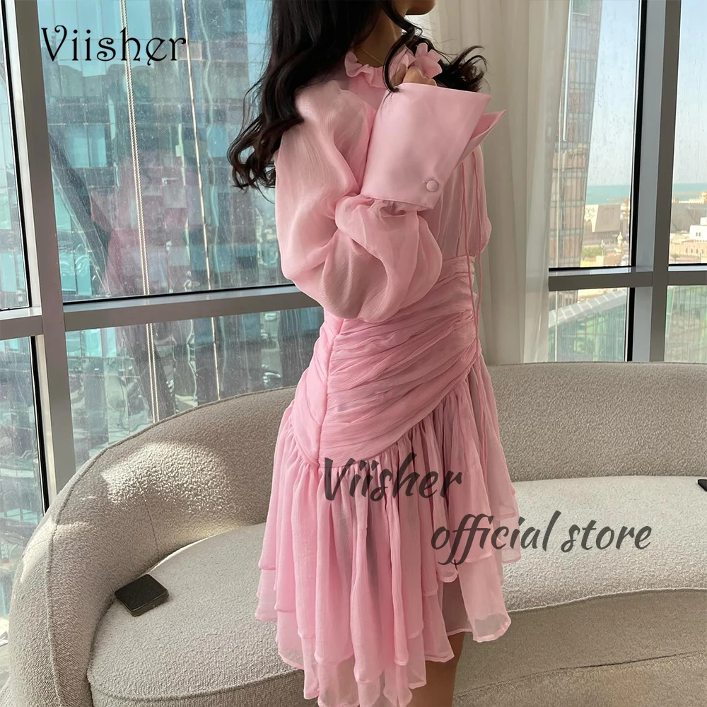 

Viisher Pink Chiffon Short Evening Prom Dresses Long Sleeve Arabian Dubai Formal Party Dress Knee Length Outfits Celebrate Gowns