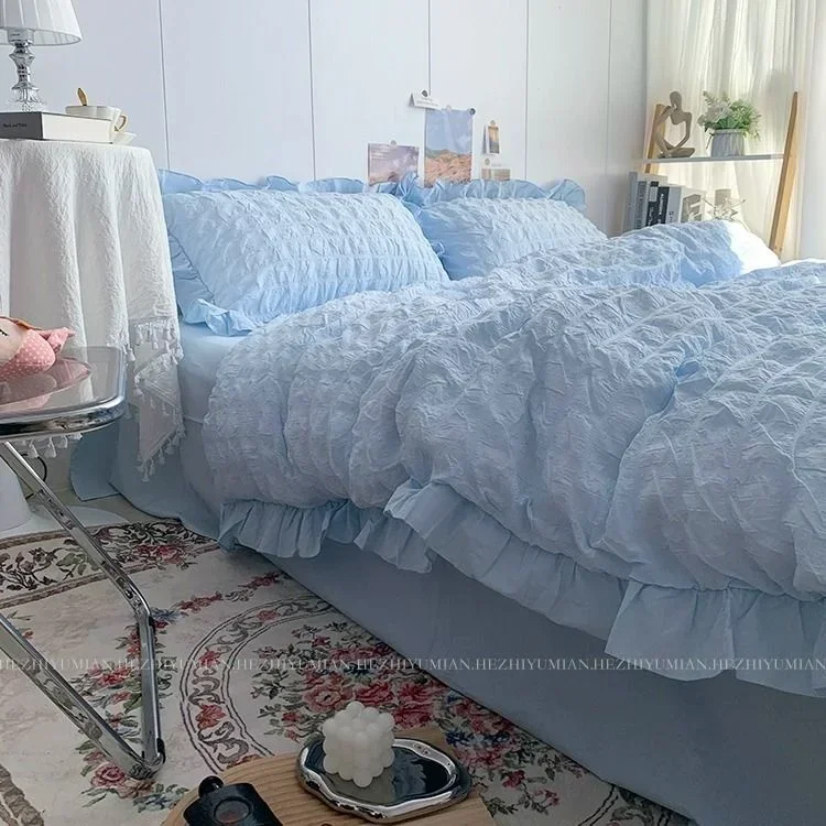 

INS Girl Blue Solid Color Seersucker Ruffles Lace Bedding Set Kawaii Quilt Cover Soft Sheet Woman Duvet Cover Pillow Covers