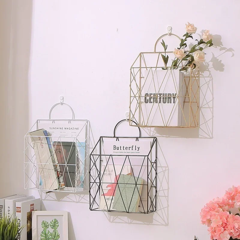 Nordic Style Newspaper And Magazine Racks Metal Iron Wall Hanging Holder Book Shelf Storage Organizer DIY Home Decoration