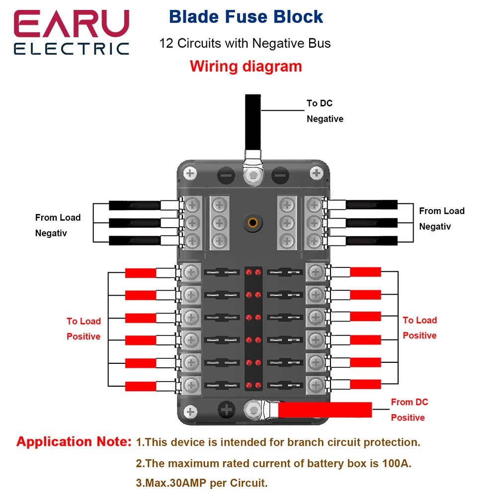 EARU Car boat fuse box bracket Tools small black cap independent positive and negative poles 12 in and 12 out fuse box with LED - Image 3