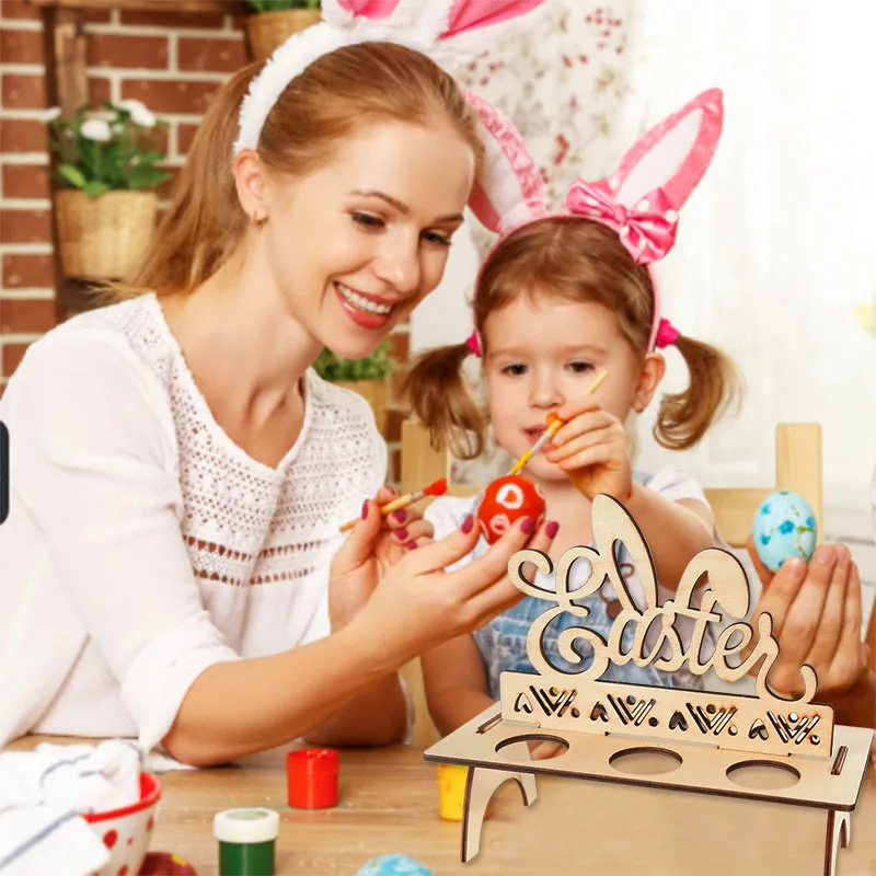 Easter Decoration for Home Wooden Easter Egg Holder Shelves DIY Craft Handmade Ornaments Kids Gift Happy Easter Party Decor 2025