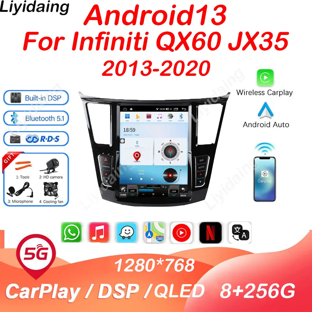 VEYIDAING-Autoradio MF QX60 JX35 2013-2020, Android 13, Carplay, Stéréo, GPS, 5G, WIFI, Lecteur Vidéo, Limitation DVD, pour Voiture