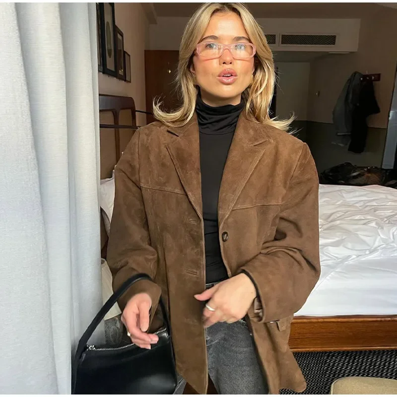 Women Suede Jackets Loose Lapel Single Breasted Long Sleeves Pockets Blazer Coats Female Autumn Fashion New in Outwear