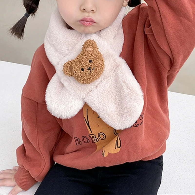 Cartoon Winter Baby Scarf Cute Bear Plush Scarves for Kids Boys Girls Korean Solid Color Children Warm Faux Fur Neckerchief