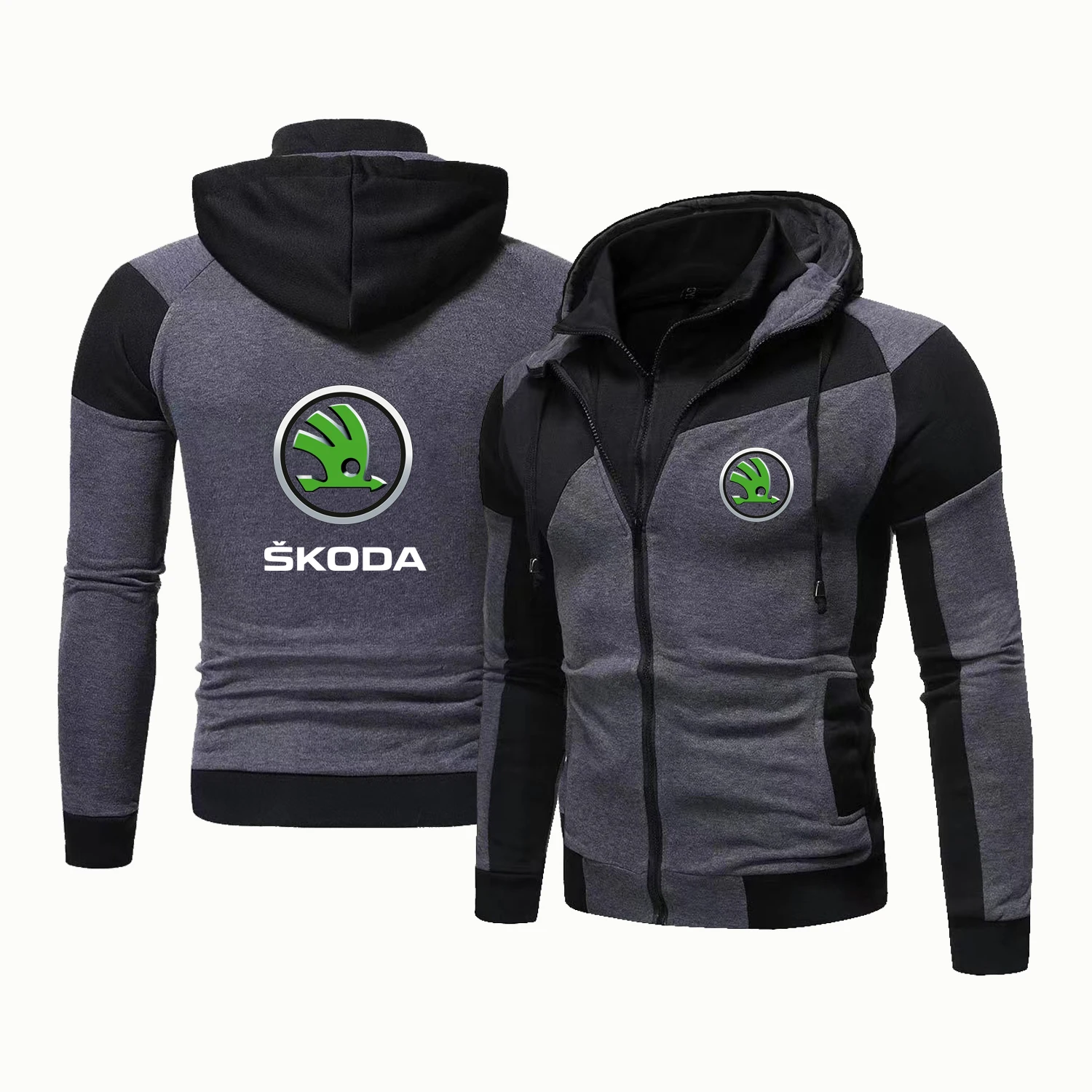 Men's Colored Hooded Cardigan Jacket With Car Double Zip Hooded Sweatshirt Motorcycle Racing Warm Casual Jacket Men's