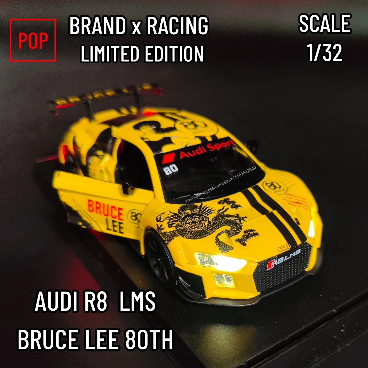 Scale 1:32 Limited Edition AUDI X BRUCE LEE Rally Racing Car Model R8 LMS GT3 Replica Off Road Miniature Kid Boy Xmas Gift Toy