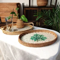Rattan Basket HandWoven Fruit Storage Breakfast Severing Tray Drinks Snack Coffee Platters Bread Plate Home Tableware Organizer 1
