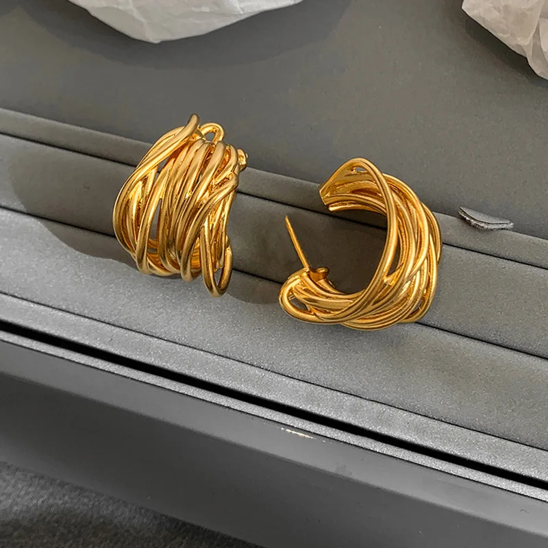 Vintage Multilayer Hollow Gold Plated Metal C Shape Dangle Earrings Women Stainless Steel Ear Stud Huggie Hoops Designer Jewelry