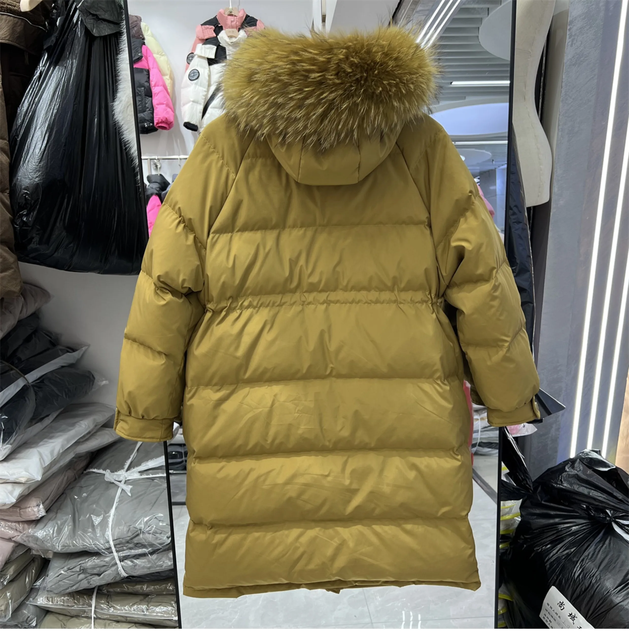 Thick Loose Ribbon White Duck Down Coat Women 2023 Winter New Mid-Length Over The Knee Hood Raccoon Fur Collar Jacket Female