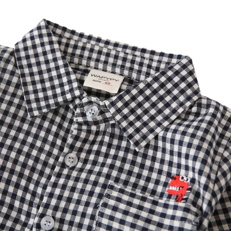 Spring Autumn Kids Boys Shirt Cotton Plaid Embroidery Cartoon Dinosuar Tops Long Sleeve Turn Down Collar Children Boy Shirt