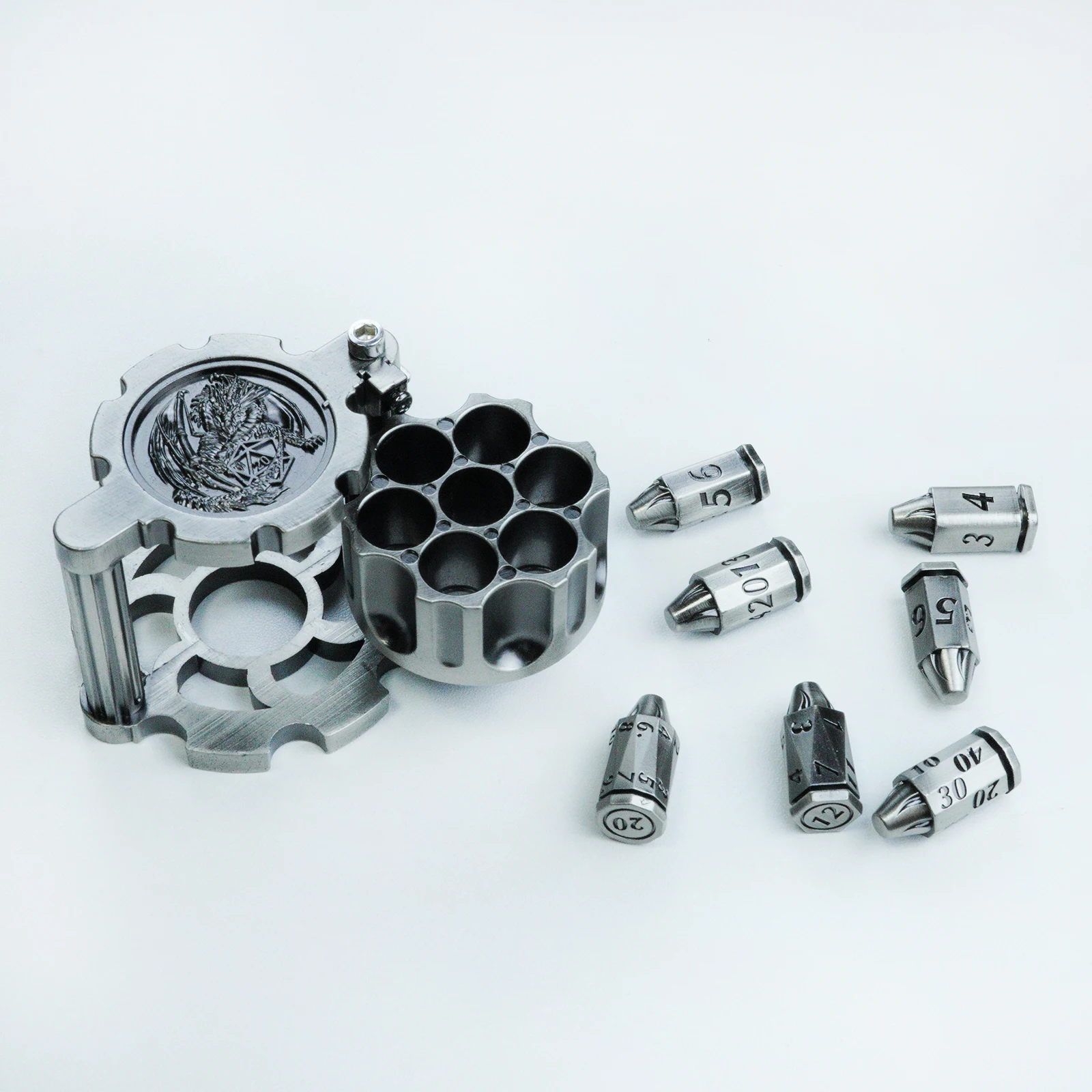 Metal Polyhedral Dices Set With Revolver Cylinder Dices Storage Multi-Sided Dices Adult Kid Plaything Perfect For 6