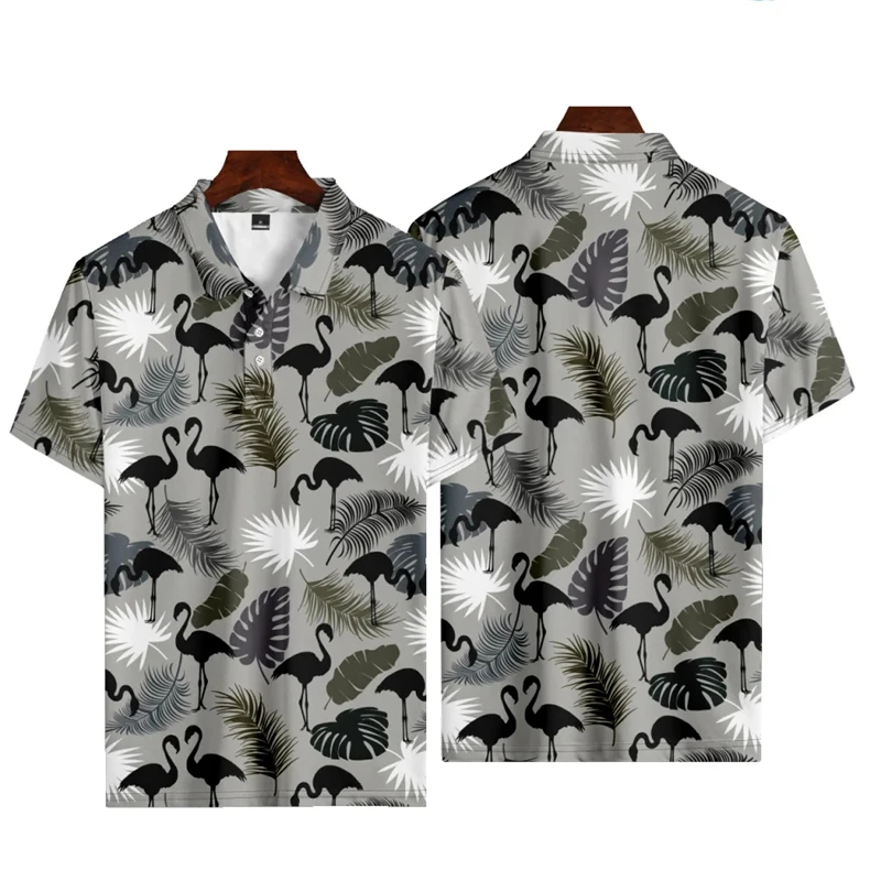 

Hawaiian Holiday Flamingo Print Summer Men's Buttons Polo Shirts Casual Short Sleeve Oversized Tops Fashion Male Camisa Clothes