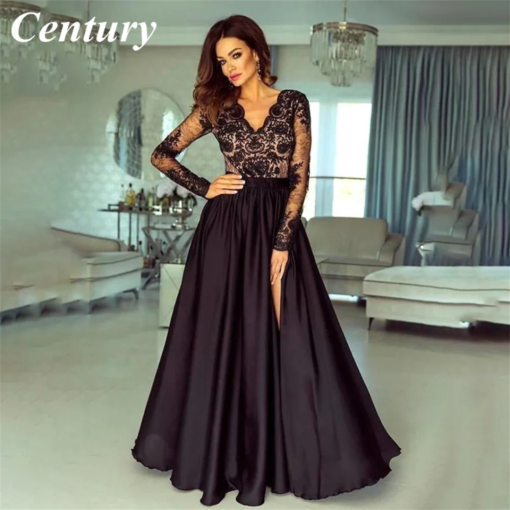 

Loveweiwei Black A Line Evening Gown Floral Lace Long Sleeves Evening Maxi Dress Lace V Neck Prom Gown Stain вечерние платья