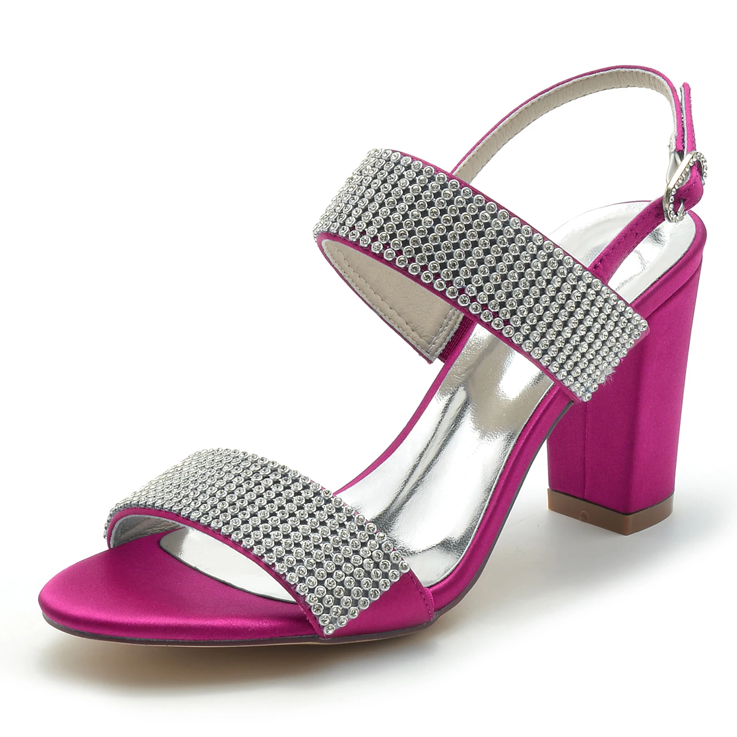 

Lady Satin Thick Heel Sandals Crystal Rhinestone Trimmed Wide Strap Slingback Summer Wedding Party Prom Night Club Shoes Blue