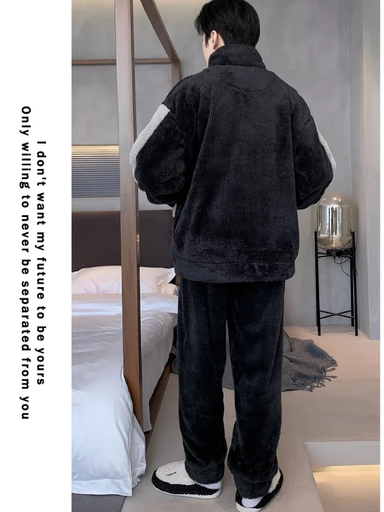 Men's Sleepwear Set Winter Zipper Coral Fleece Long Hair Home Clothes Student Cartoon Flannel Pajamas 5XL Large Size