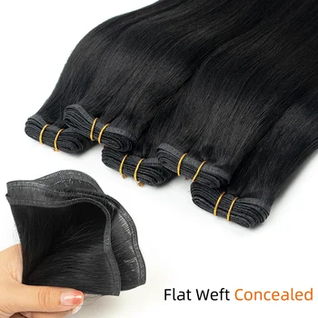 Natural Black Ribbon Flat Weft Human Hair Extensions Sew In Straight Human Hair Bundles Silk Flat Hair Weaves Custom 3-7 days