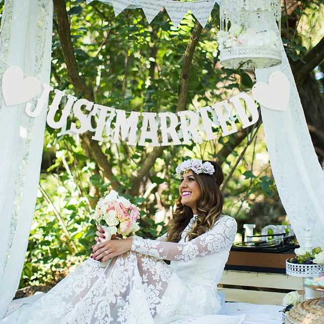 Ghirlanda Bandiere Matrimonio In Iuta - 2 Pezzi Con Cuori Bianchi - Decorazione Rustica Per Feste - Foto 3