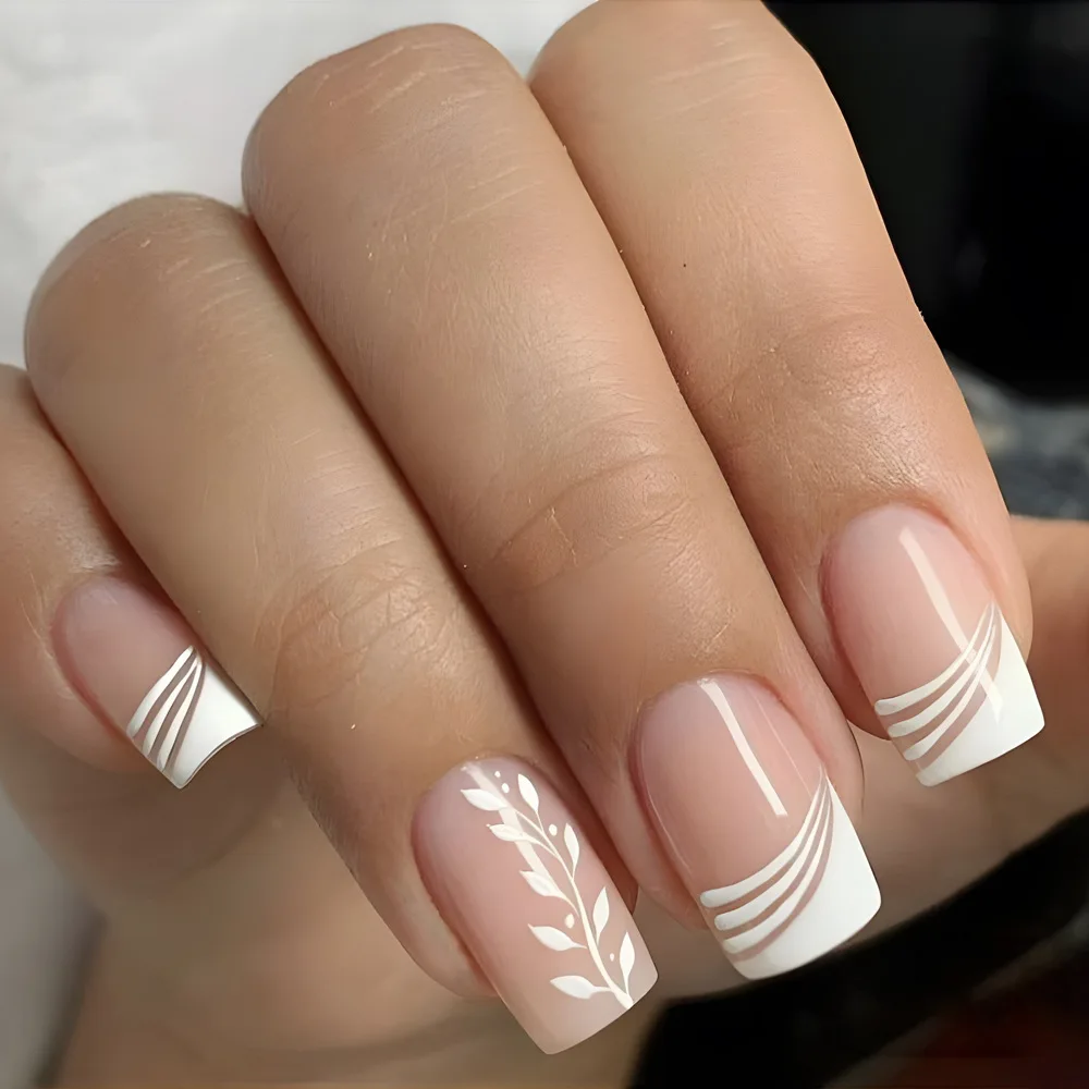 Fake Nails 24Pcs Simple Square Head Fake Nail Jelly Glue Pink White Gradient French Press on False Nails Short Full Cover Nail Tips