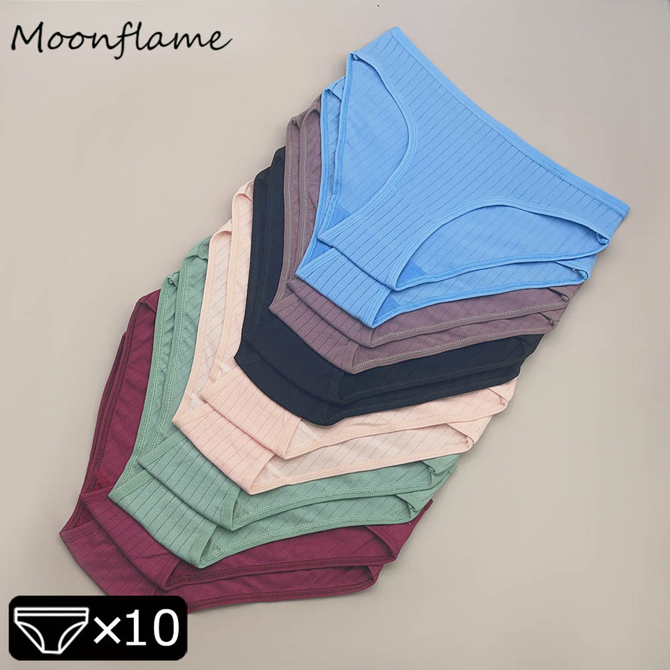 Moonflame 10Pcs Women's Cotton Panties Sexy Soft Striped Underpants Solid Color Briefs Female Comfortable Stretch Lingerie M-XL