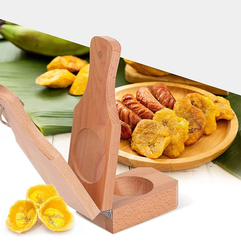A50I Wooden Tostonera Plantain Press With Handle,2 In 1 Wood Reusable Plantain Press Smasher,Portable Plantain Press 4