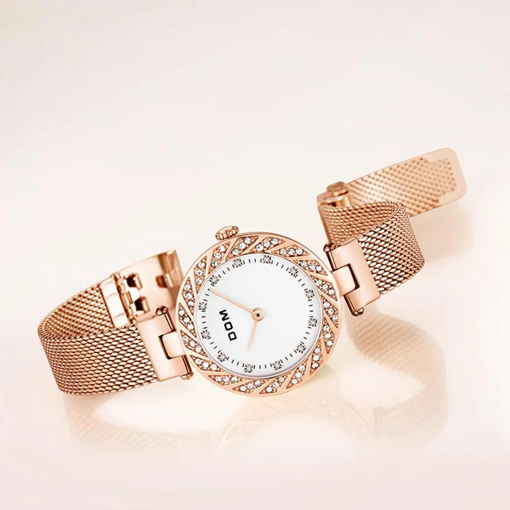 DOM Women Watch  Top Brand Luxury Quartz Wrist Watch Casual Steel Mesh Belt Women Rose Gold Waterproof Watch Clock G-1279G-7M