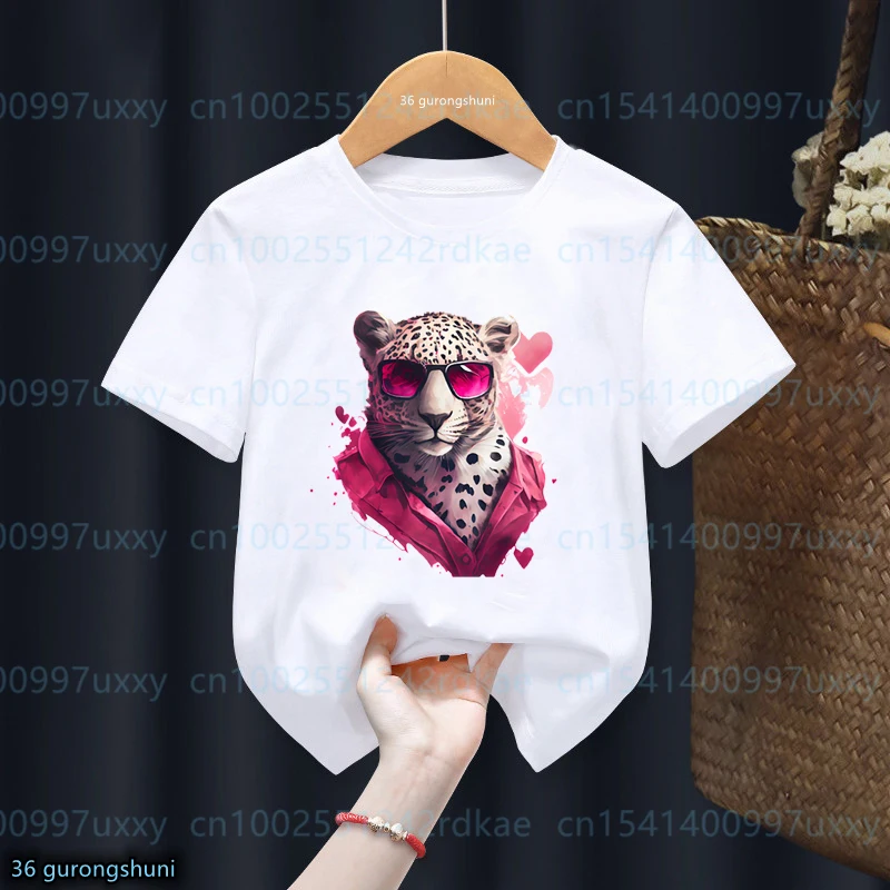 

T-Shirt For Boys/Girls Valentines Day Animal Watercolor Leopard Funny Children'S Tshirt Fashion Trend Girls' Clothes O-Neck tops