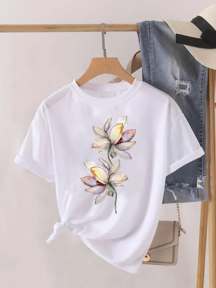 

Women Clothes O-neck Graphic T-shirt Fashion Print Flower Floral Lovely Cute Short Sleeve Lady Top Female Womens T Shirt Tee