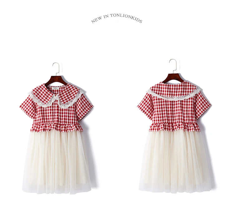 TON LION KIDS 2022 Summer Cute Tulle Fashion Short Sleeve Dress Patchwork Plaid Dress Ages 5-12 Girls Dresses Kids Dress christmas dress