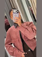 Veste en velours côtelé pour femme avec col en cuir patchwork, fermeture éclair, style décontracté urbain, color block, pour dames 3