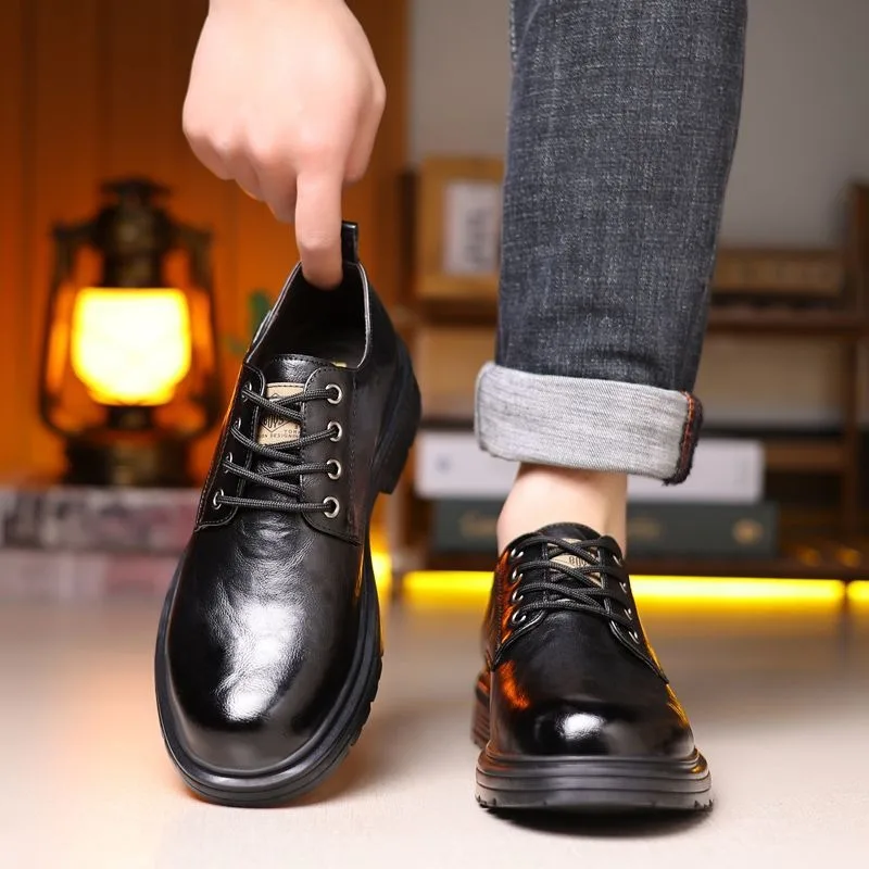 Retro Cow Leather Men's Dress Shoes Designer Solid Color Platform Shoes Men Fashion Casual Soft-soled Wedding Male