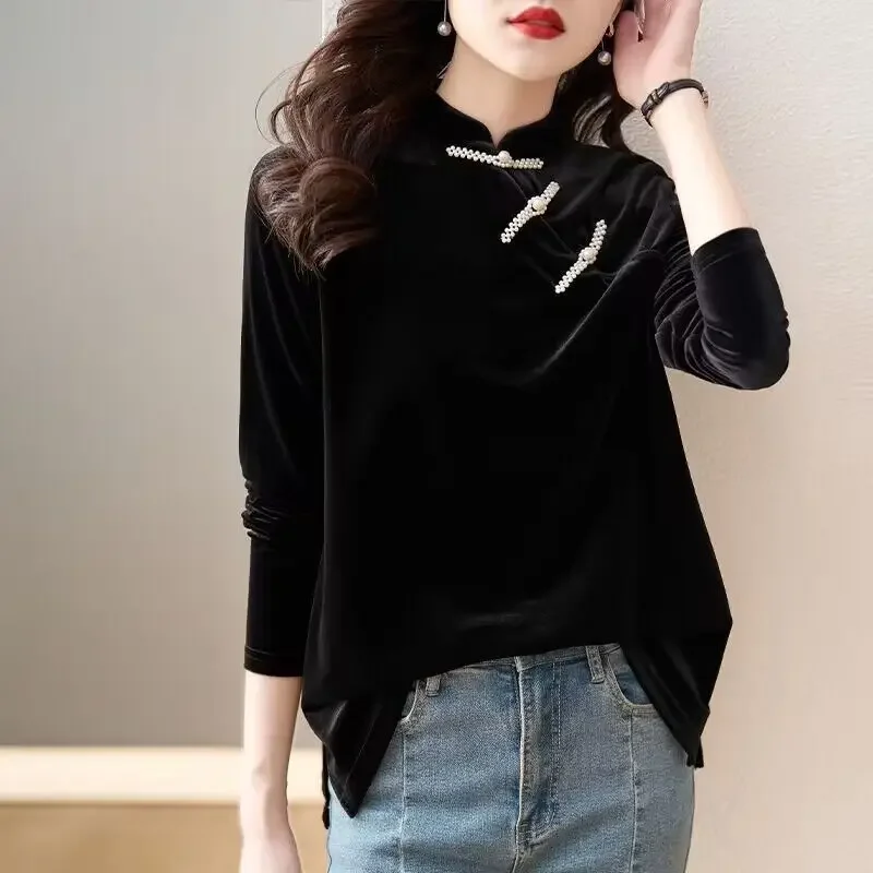 Spring Retro Elegant Long Sleeve Loose Long Tradition Cheongsam Dress Loose Chinese Collar Modern Improved Qipao