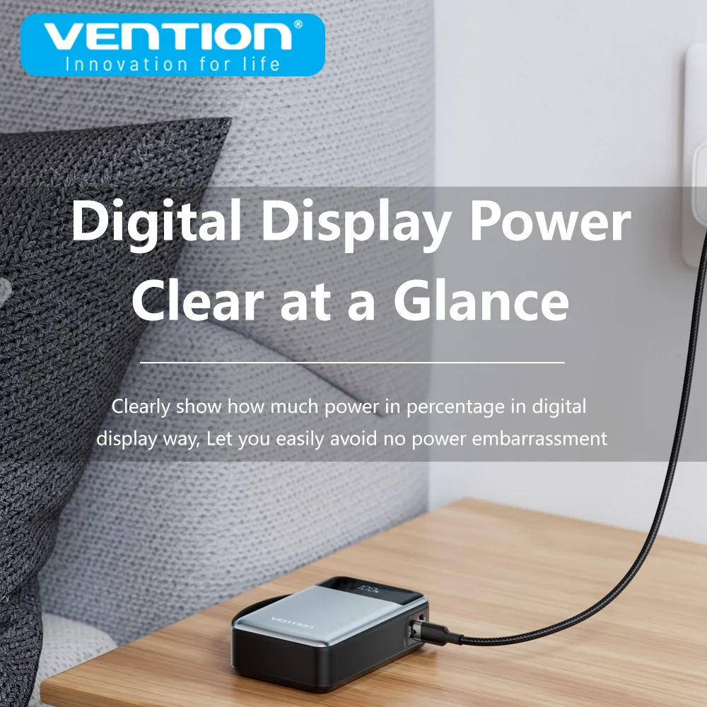 Vention Power Bank 20000mAh 65W PD Fast Charger with Built-in Type-C Cable External Spare Battery Portable Power Bank for Laptop 5