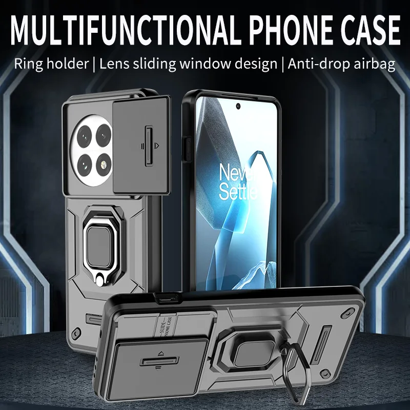 Slide Lens Protect Armor Phone Case with Car Magnetic Ring Holder and Back Cover
