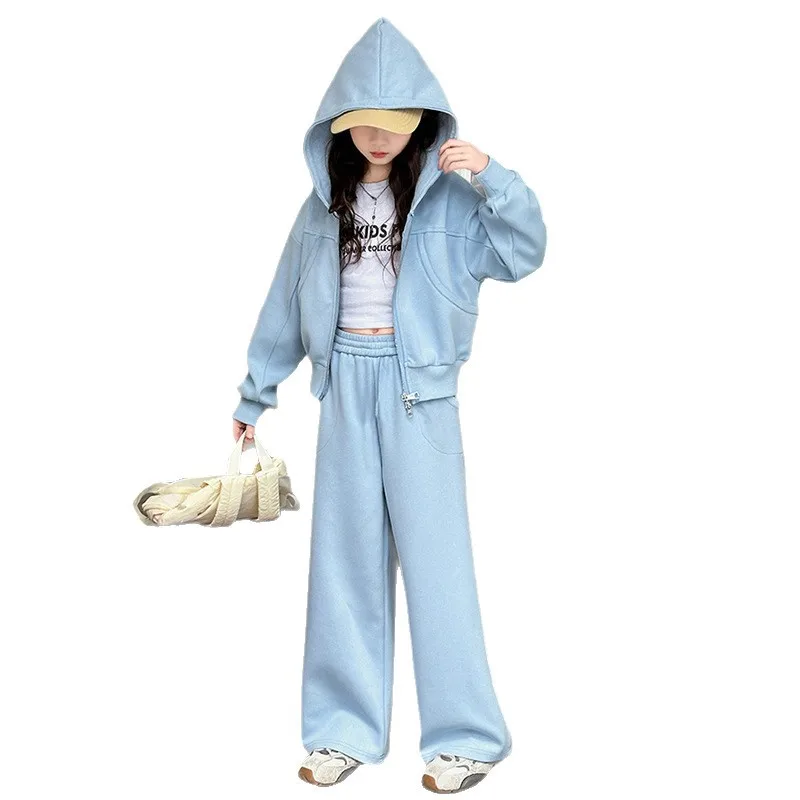 2026 autumn teenager girls Suit Clothes Bat crop Top jacket hooded & wide leg Pants tracksuit 4 5 8 10 11 12 14 Years Child set 3