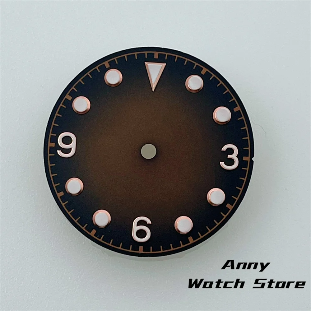 Vintage 29mm Watch Dial with Black, Brown, and Dark Blue Design Featuring Rose Gold Edging and Green Luminous Markers