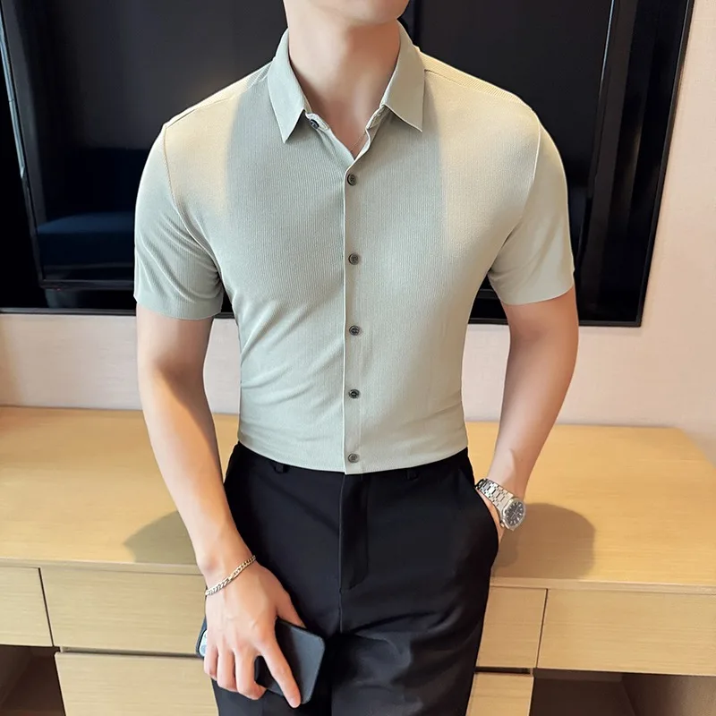 

2024 ледяная шелковая высокоэластичная Мужская рубашка без следов, летние облегающие повседневные рубашки с коротким рукавом, деловая официальная рубашка женская