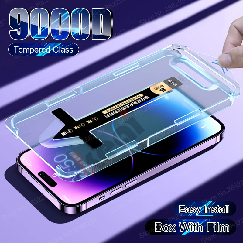 thumbnail image 1 of Vidrio templado para iPhone 14 13 12 11 Pro Max Mini Plus Protector de pantalla X XR XS Max fácil de instalar película transparente a prueba de polvo, 1 of 4