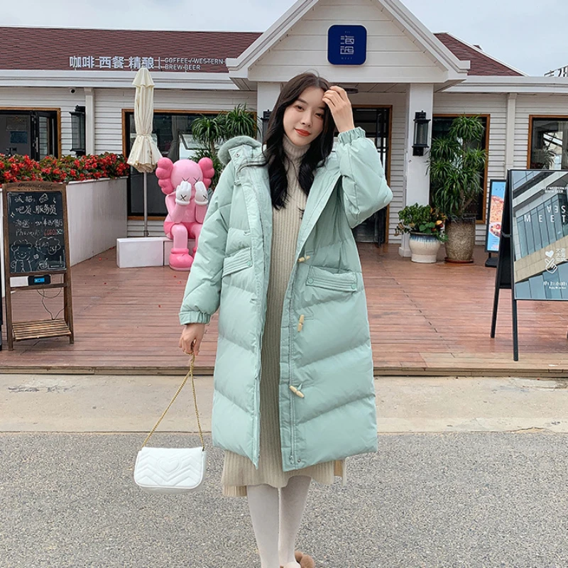 

Horn Buckle Women Large Woolen Collar Hooded Padded Jacket Long Medium Long Padded Jacket Over The Knee Padded Jacket for Women
