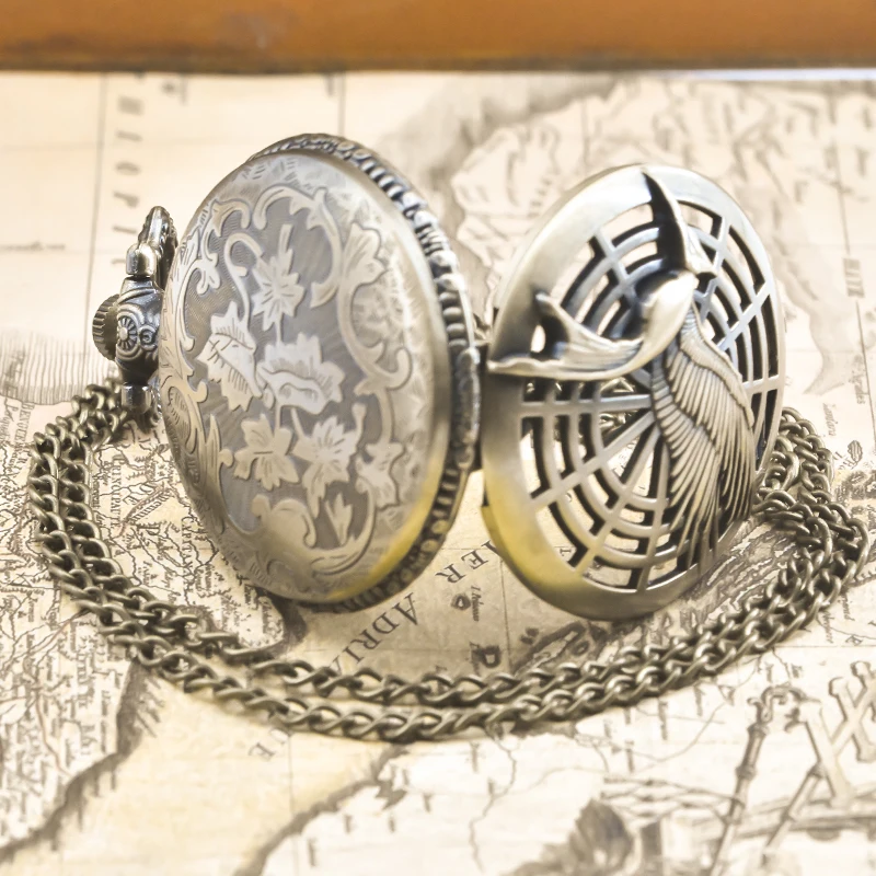 빈티지 청동 Steampunk 화이트 크레인 날개 새겨진 석영 주머니 시계 목걸이 펜던트 시계 체인 남성 여성 체인 선물
