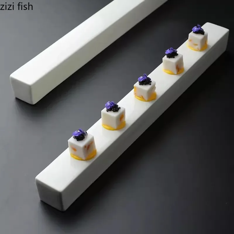 Pure White Ceramic Long Strip Plate Square Dessert Plate Sushi Plates Snack Plates Molecular Cuisine Specialty Tableware