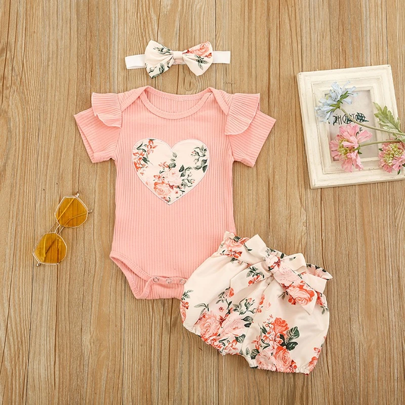 Newborn Infant Baby Girls Clothes Suits Ruffles Romper Tops Floral Shorts Headbnads Outfits Summer Baby Clothing Sets newborn baby clothing gift set