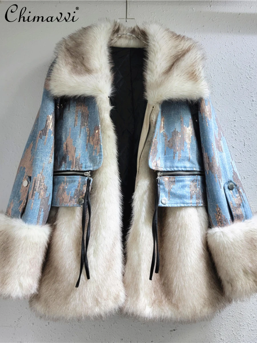 

European Goods Luxury Lapel Fur Stiching Sequined Denim Jacket 2023 Winter Clothes Fashion Loose Slim Quilted Fur Jacket Women