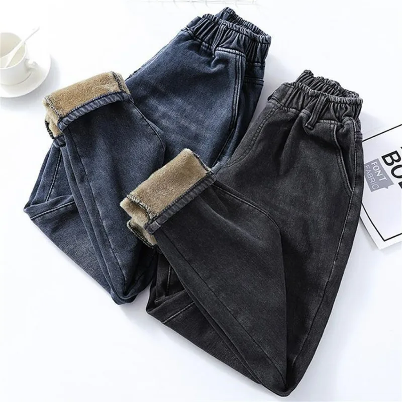 women winter new plush baggy ankle length jeans velvet lined high waist harem denim pants vaqueros pantalones warm thick jeansy Winter High Waist Baggy Warm Jeans Casual Big Size 80kg Velvet Lined Thicken Denim Pants Streetwear Ankle Length Harem Vaqueros