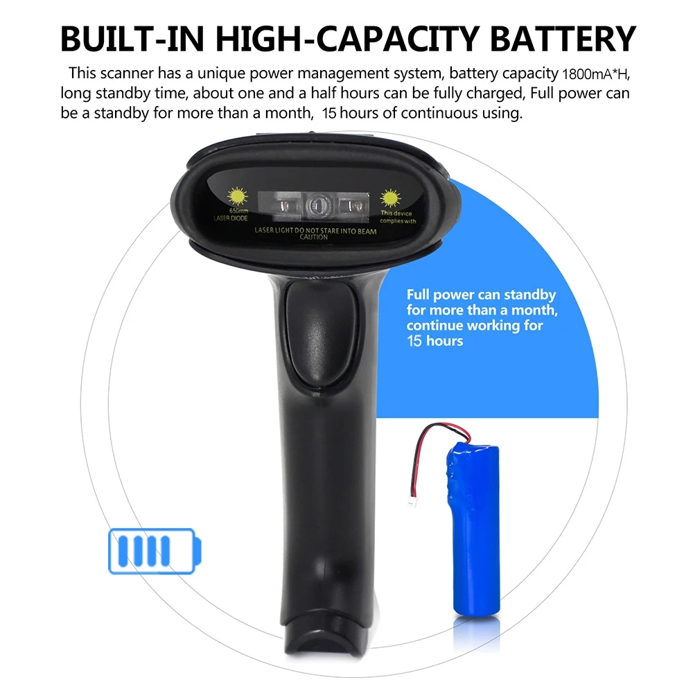 1D CCD Bar Code Scanner Wireless Reader,2.4GHz and USB Wired 2-in-1,16MB Memory Store 50K+ Barcodes Data,Auto Sacnning Available