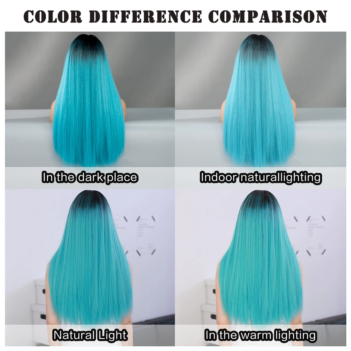 Synthetic Long Straight Black Ombre Light Blue Wig for Women High