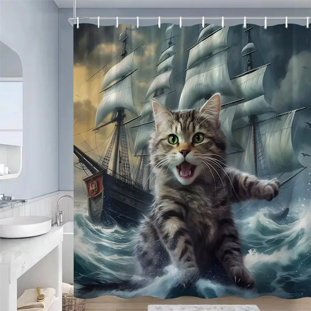 Funny Cat Shower Curtains Cute Animal Nautical Sailing Sea Waves Landscape Bath Curtain Polyester Fabric Bathroom Decor Hooks shower curtains